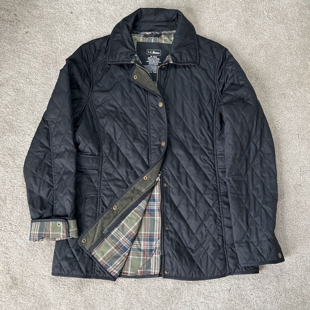 LL Bean Quilted Riding Jacket Women Medium Black Plaid Lined Chore Barn Corduroy